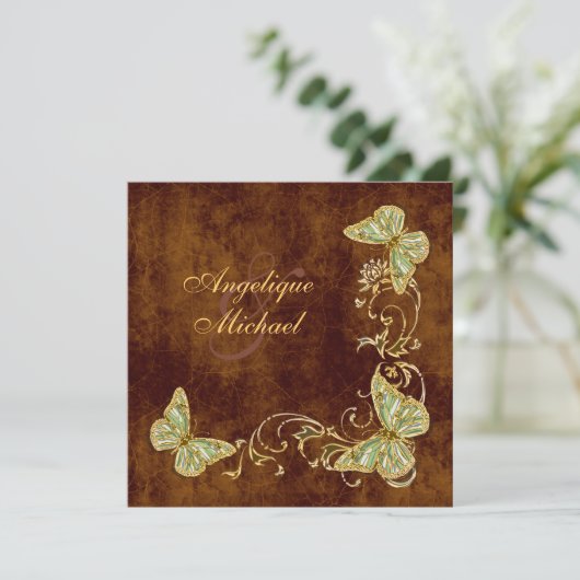 Grünes Goldlandhochzeit Browns Einladung (Stehend Vorderseite)