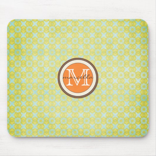 Grünes Goldmuster-Hintergrund-Orangen-Monogramm Mousepad (Vorne)