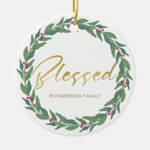 GRÜNES GOLDrotes BEEREN-KRANZ-WEIHNACHTEN GESEGNET Keramik Ornament