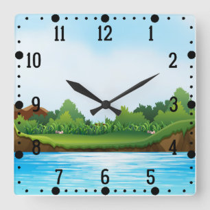 Grünes Gras Blaue Himmel Landschaft-10826 Quadratische Wanduhr