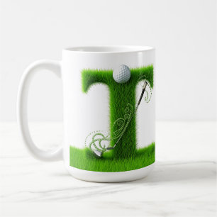 Grünes Gras Buchstabe T Mit Golfball, Schläger Kaffeetasse