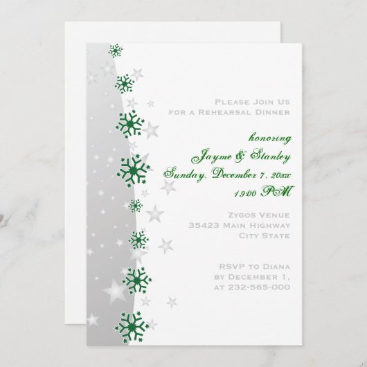 Grünes, graues Schneeflocken Hochzeitsessen Probe Einladung (Vorne/Hinten)