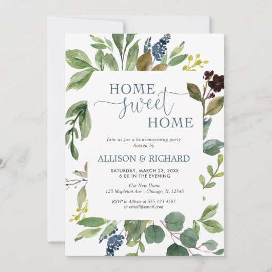 Grünes Grün verließ staubblaues Party Einladung (Vorderseite)