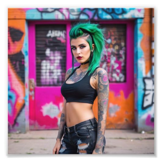 Grünes Haar Tattoo Punk Babe in der Graffiti Stree Fotodruck (Vorne)