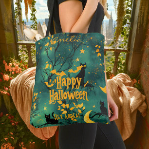 Grünes Halloween mit schwarzen Katzen und Halbmond Tasche