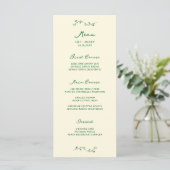 Grünes handgeschriebenes Hochzeitsmenü Menükarte (Stehend Vorderseite)