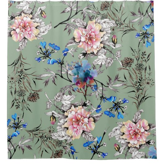 Grünes Hintergrund Blumenmuster. Duschvorhang (Vorderseite)