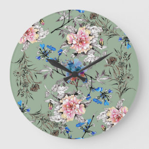 Grünes Hintergrund Blumenmuster. Große Wanduhr