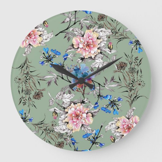 Grünes Hintergrund Blumenmuster. Große Wanduhr (Vorderseite)