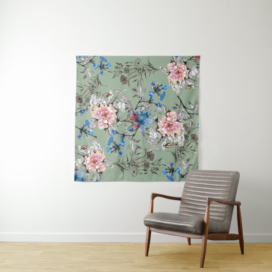 Grünes Hintergrund Blumenmuster. Wandteppich (Beispiel (Horizontal))