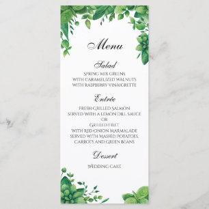Grünes Hochzeitsmenü im Freien. Sommer-Abendmenü Menükarte