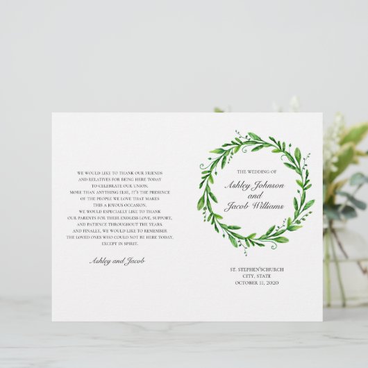 Grünes Hochzeitsprogramm gefaltet. Botanisch wasse (Stehend Vorderseite)