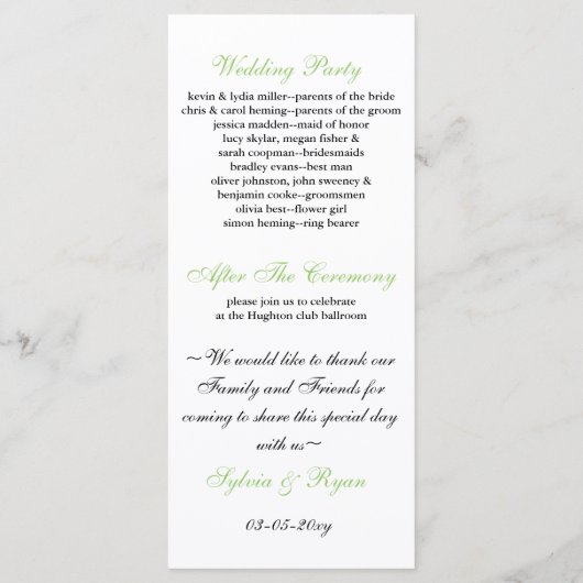 grünes Hochzeitsprogramm Programm (Rückseite)