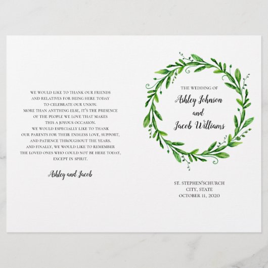 Grünes Hochzeitsprogramm. Sommerfeier (Vorderseite)