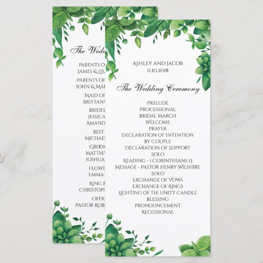 Grünes Hochzeitsprogramm. Sommergartenzeremonie Programm (Vorne/Hinten)