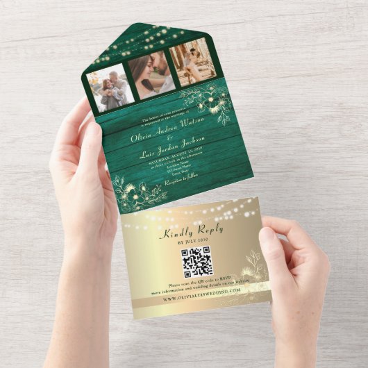 Grünes Holz Rustikale String Lights Hochzeitsstift All In One Einladung (Abreißen)