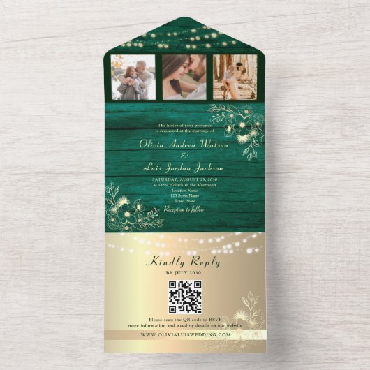 Grünes Holz Rustikale String Lights Hochzeitsstift All In One Einladung (Innen Boden)