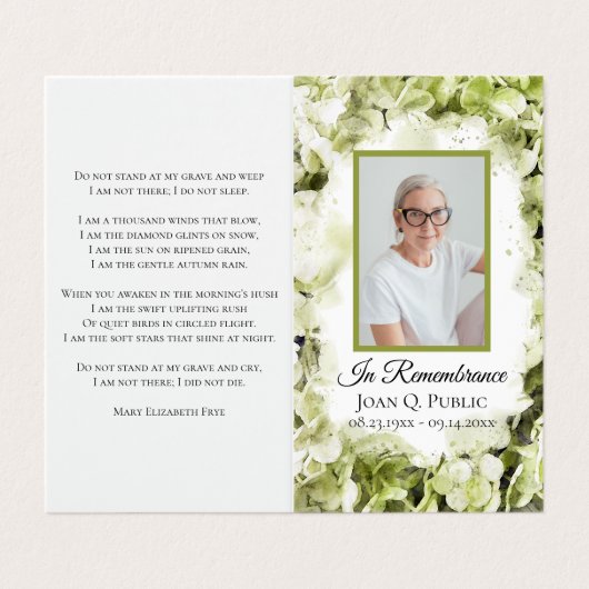 Grünes Hydrangea Beerdigungsgebet Visitenkarten (Außenseite Aufgefaltet)