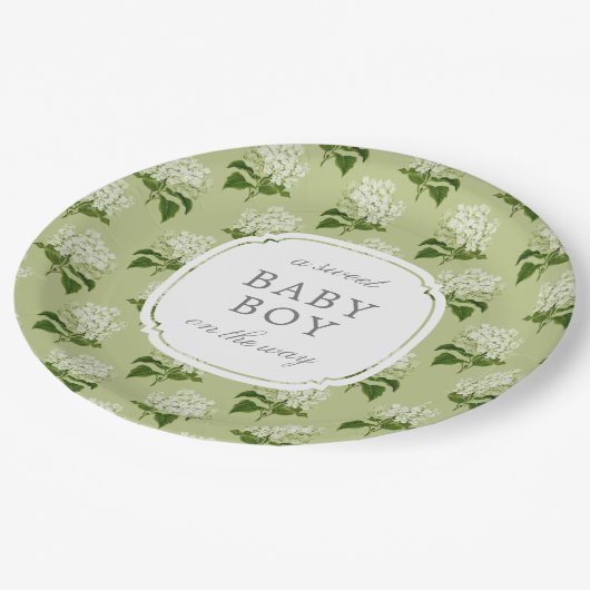 Grünes Hydrangea Muster Sweet Baby Gender Neutral Pappteller (Schrägansicht)