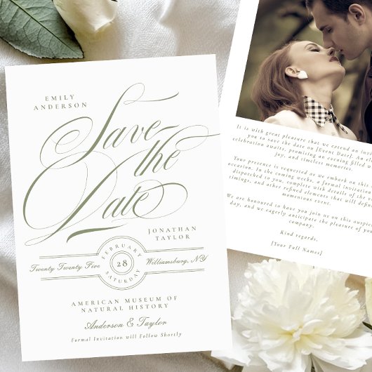 Grünes Kalligrafie-Foto für Schwarze Krawatte Save The Date