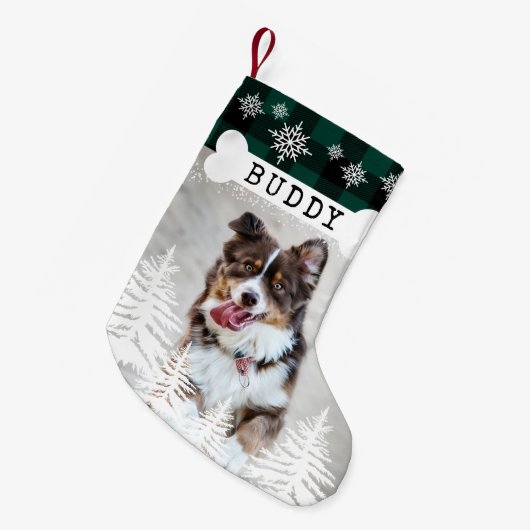 Grünes Kariertes Rustikales Pinienbäume Knochen Fo Kleiner Weihnachtsstrumpf (Vorderansicht (hängend))