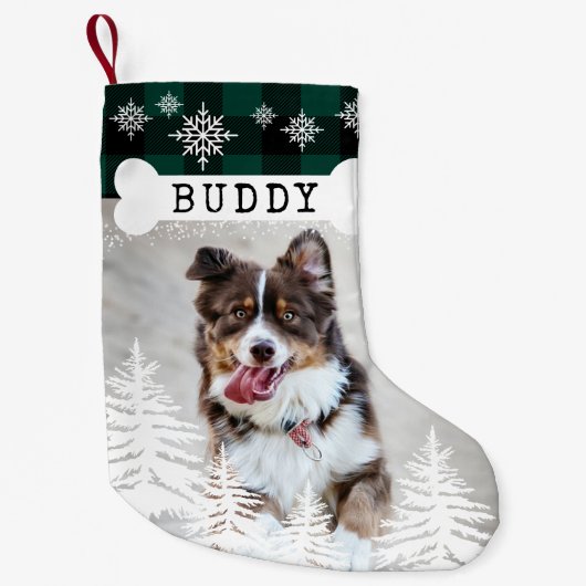 Grünes Kariertes Rustikales Pinienbäume Knochen Fo Kleiner Weihnachtsstrumpf (Vorderseite)