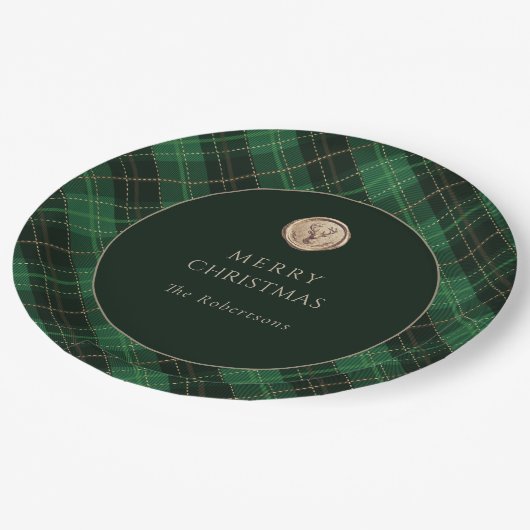 Grünes Karo Frohe Weihnachtsfeier  Pappteller (Schrägansicht)