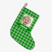 Grünes Karo-Kind Foto & Name Gingham Rustikale Kar Kleiner Weihnachtsstrumpf (Vorderansicht (hängend))