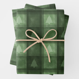 Grünes Karo mit Tannenbaum-Motiven Weihnachtsmuste Geschenkpapier Set