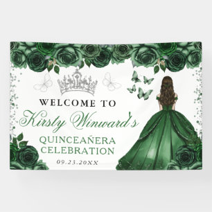 Grünes Kleid Brünette Prinzessin Floral Quinceaner Banner