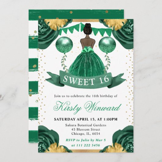 Grünes Kleid dunkle Haut Prinzessin Sweet 16 Einladung (Vorne/Hinten)