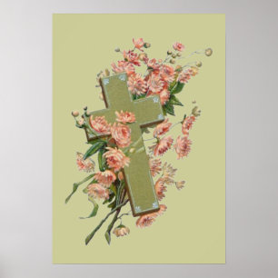 Grünes Kreuz mit rosa Blumen Poster