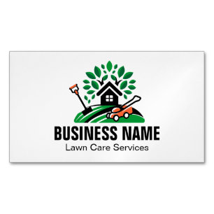 Grünes Landschafts-Logo Haus Baum Rasenmäher Garte Magnetische Visitenkarte