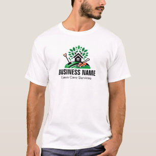 Grünes Landschaftslogo Haus Baum Rasenmäher Garten T-Shirt