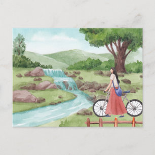 Grünes Landschaftsmädchen mit Fahrrad Wasserfarbe Postkarte