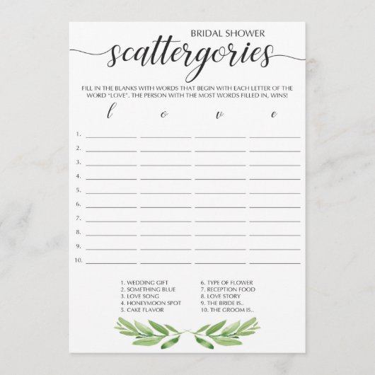 Grünes Leaf Bridal Scattergories Game (Vorderseite)