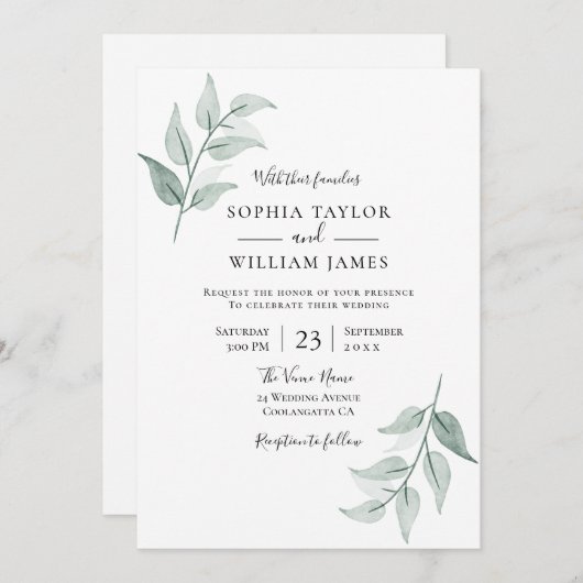 Grünes Leaf einfach elegante Frühjahrssommer Hochz Einladung (Vorne/Hinten)
