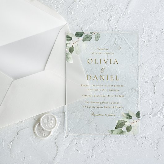 Grünes Leaf Elegance Moderne Hochzeit Acryleinladungen