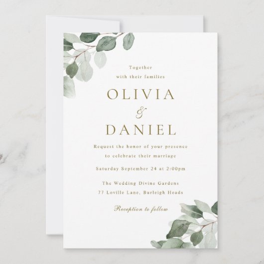 Grünes Leaf Elegance Moderne Hochzeit Einladung (Vorderseite)