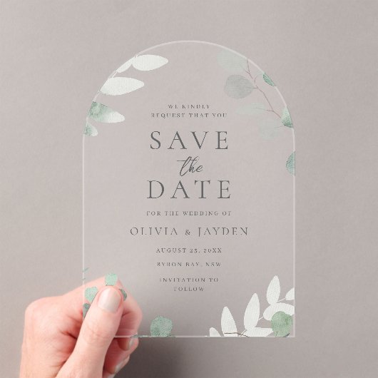 Grünes Leaf Floral Wedding Acrylic Save the Date Acryleinladungen (Insitu (Handheld))