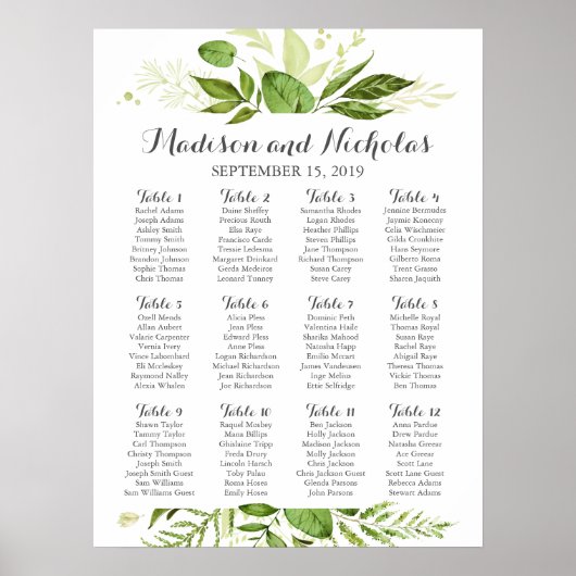 Grünes Leaf Hochzeitsdiagramm, rustikale Vegetatio Poster (Vorne)