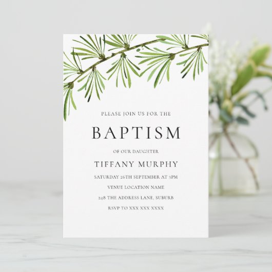 Grünes Leaf Moderne Taufe Christening Junge oder M Einladung (Stehend Vorderseite)