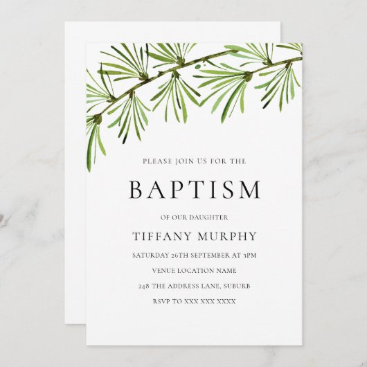 Grünes Leaf Moderne Taufe Christening Junge oder M Einladung (Vorne/Hinten)
