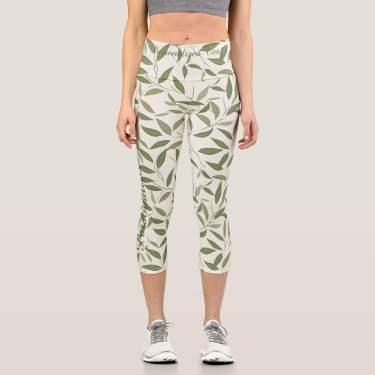 Grünes Leaf-Muster mit benutzerdefiniertem Text un Capri Leggings (Vorderseite)