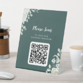 Grünes Leaf QR Code Hochzeitsprogramm Pedestal Sig Sockelschild (In SItu)