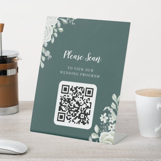 Grünes Leaf QR Code Hochzeitsprogramm Pedestal Sig Sockelschild (In SItu)