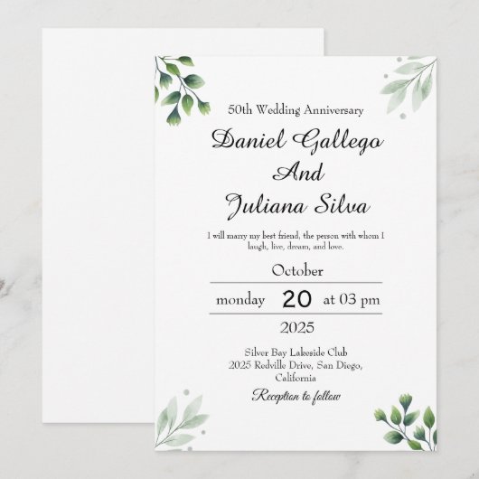Grünes Leaf' Standard-Hochzeitstag Einladung (Vorne/Hinten)