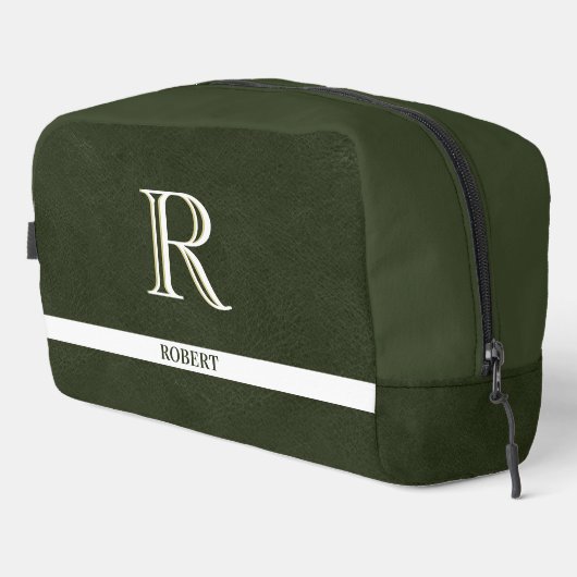 Grünes Leder Textur Trim White Monogram Name Waschbeutel (Rechte Ecke)