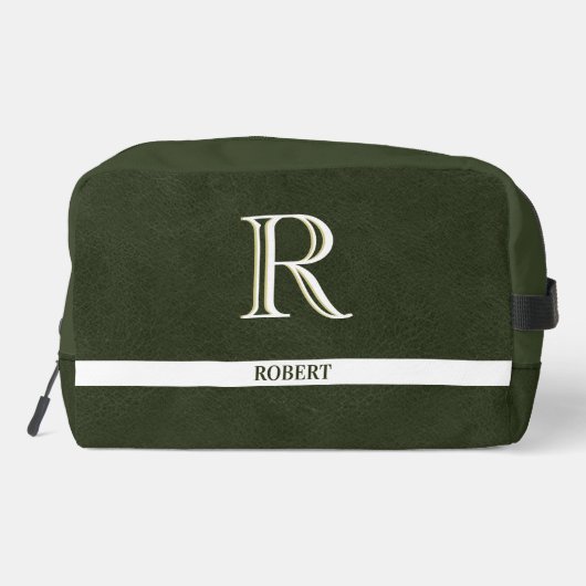Grünes Leder Textur Trim White Monogram Name Waschbeutel (Rückseite)