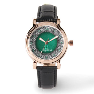 Grünes Leder und schwarze Spitze chic monogrammier Armbanduhr